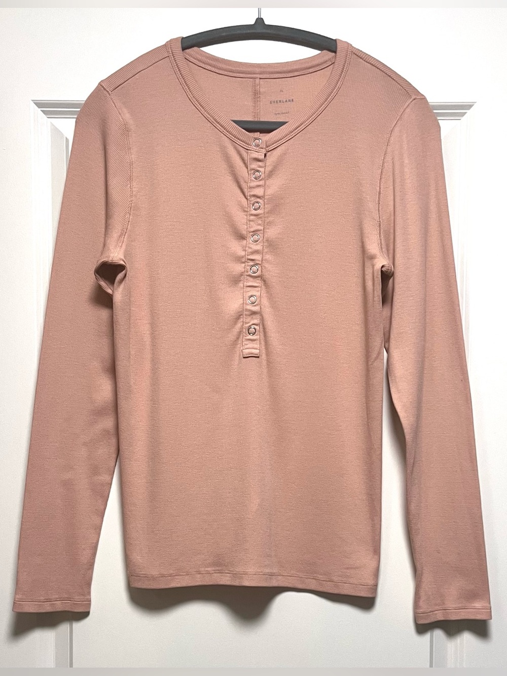 EUC Everlane Luxe Rib Henley Snap Front Long Sleeve Supima Cotton Blush Pink XL